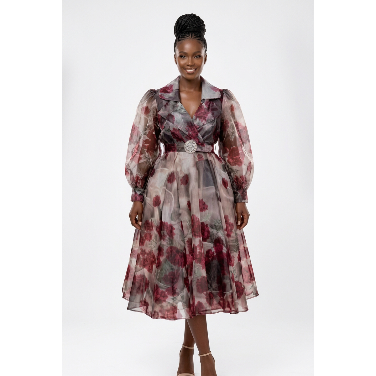 Floral Belted Midi Dress with Puff Sleeves