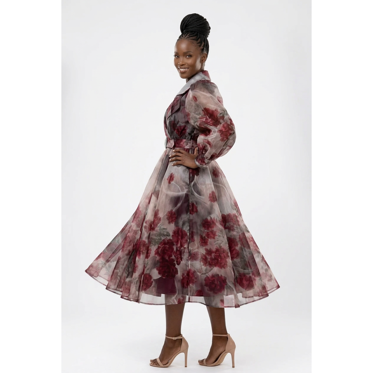 Floral Belted Midi Dress with Puff Sleeves