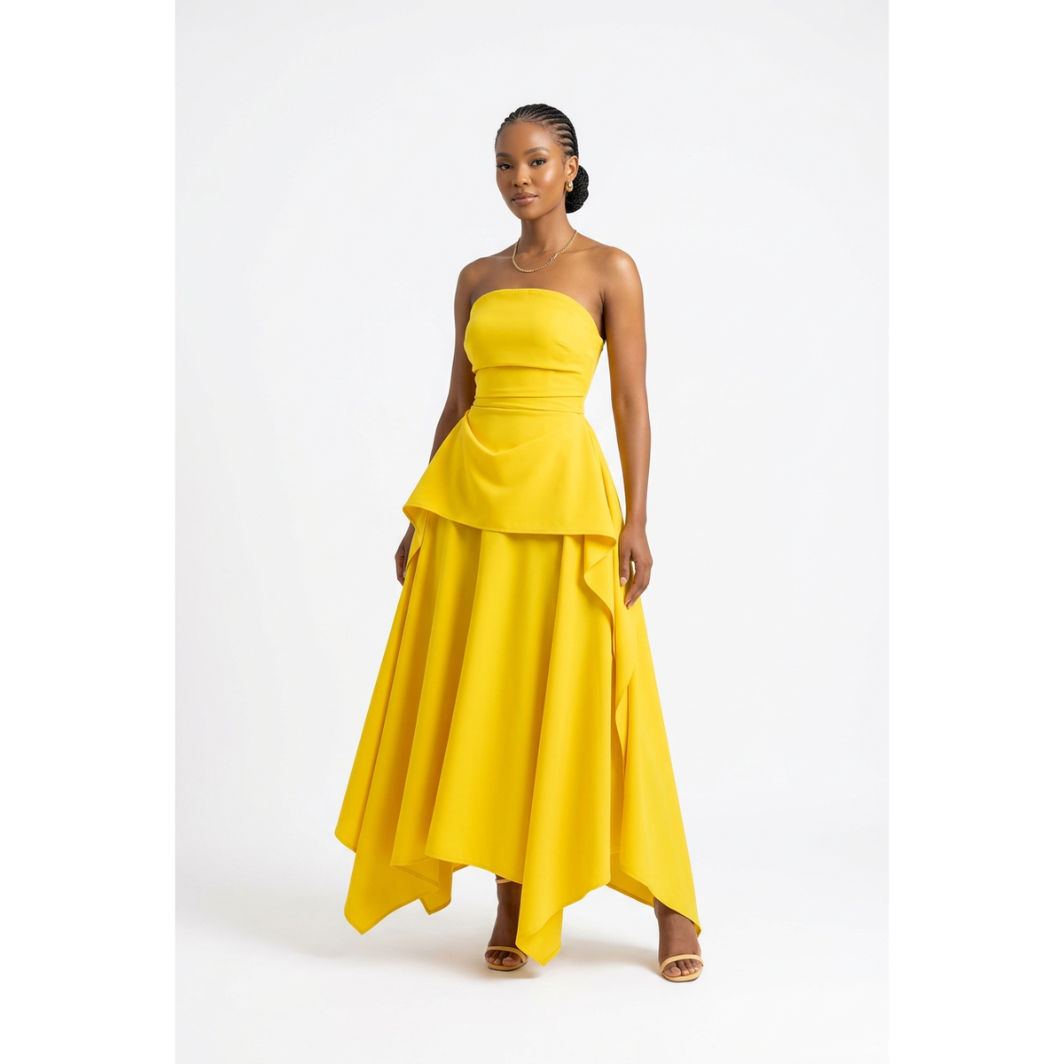 Strapless Peplum Maxi Dress with Asymmetric Hem