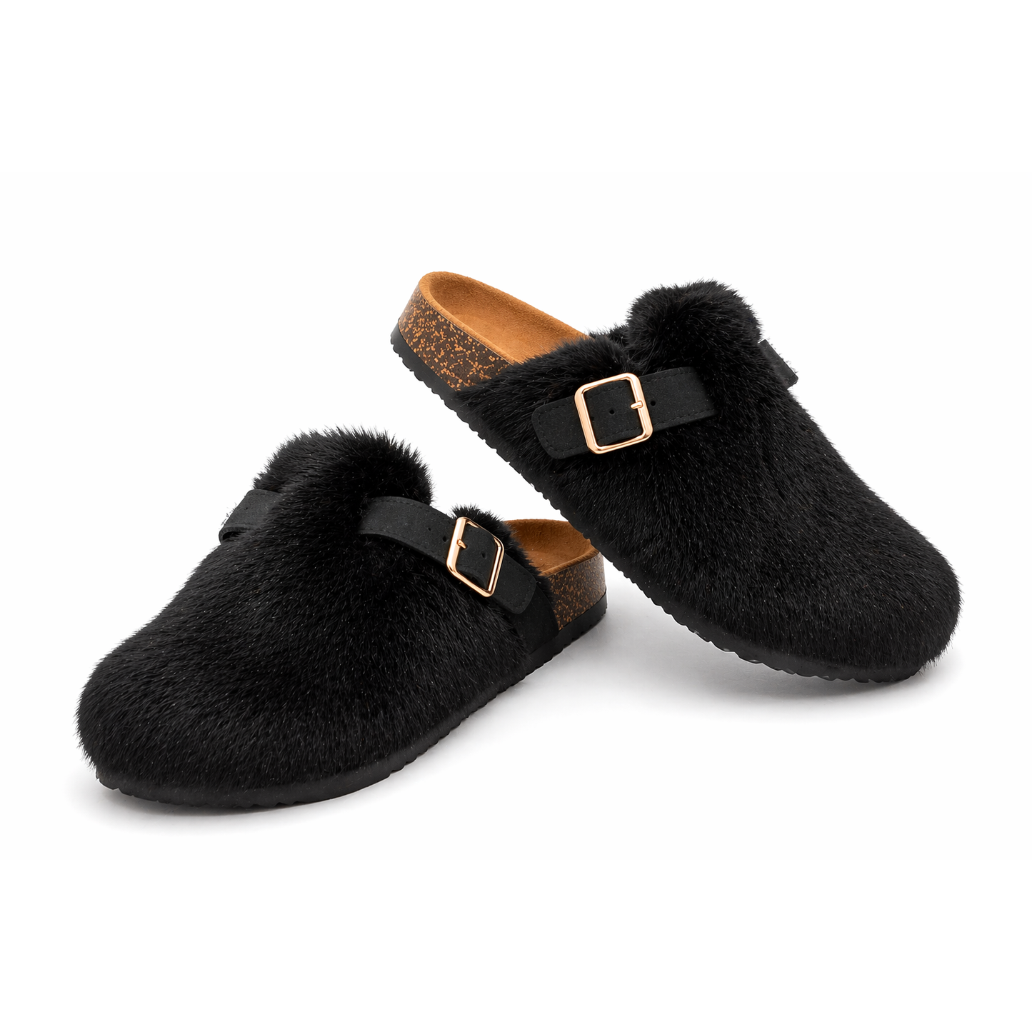 Ladies Fluffy Fur Buckle Mule Flats