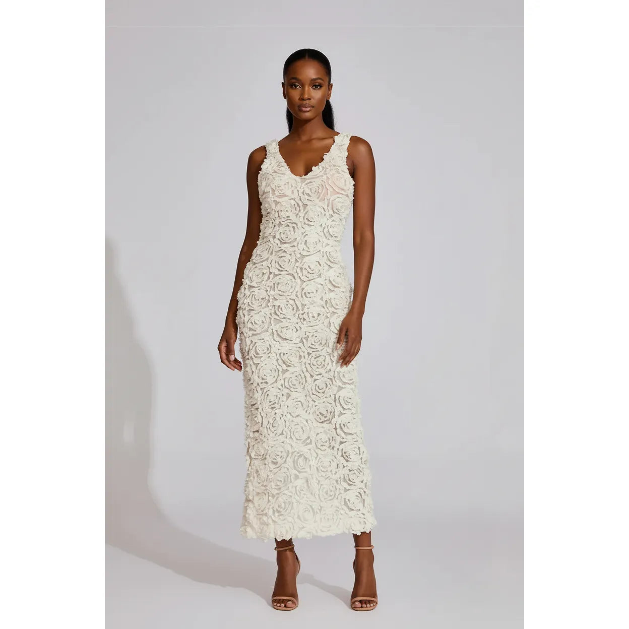 Floral 3D V-neck Sleeveless Midi Dress