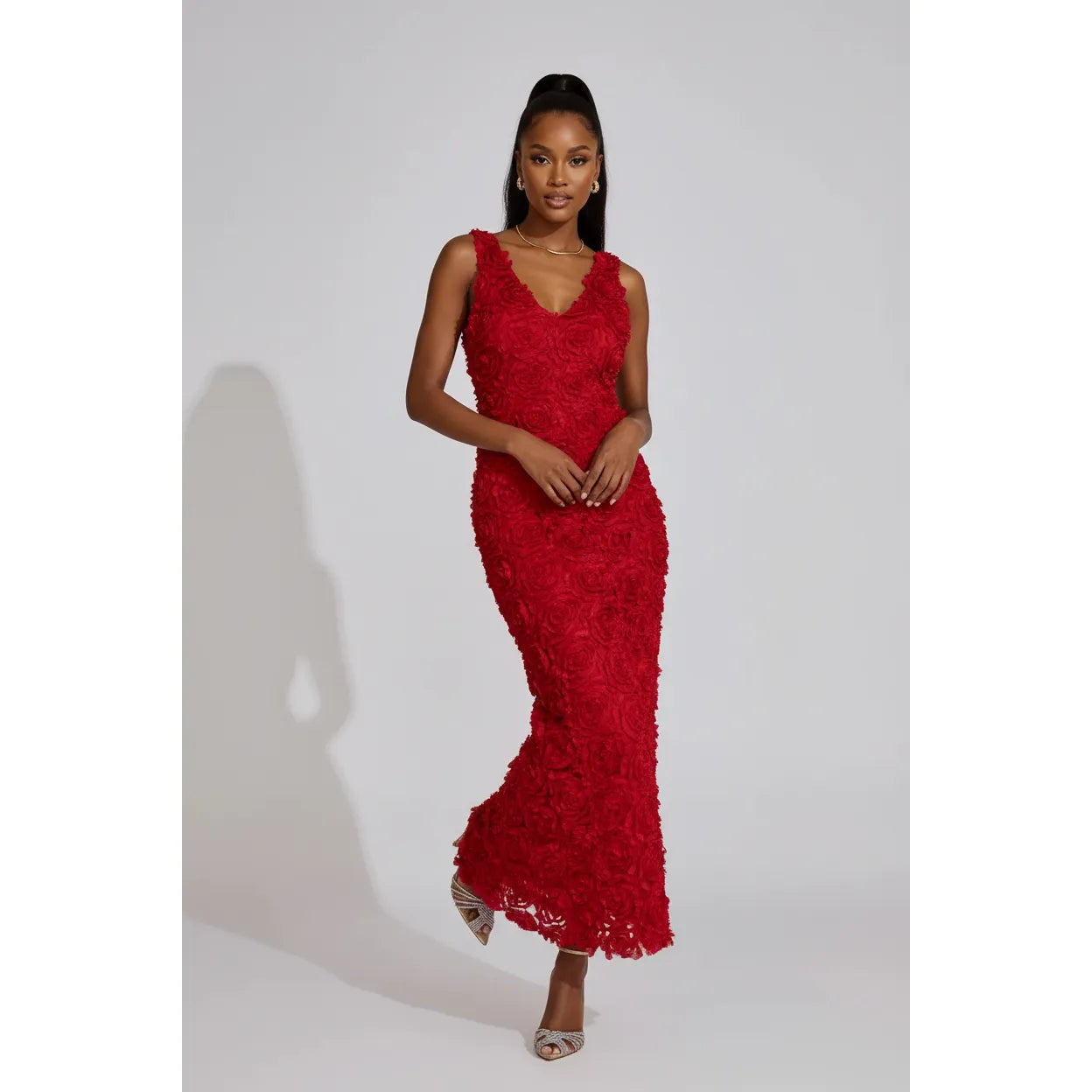 Floral 3D V-neck Sleeveless Midi Dress