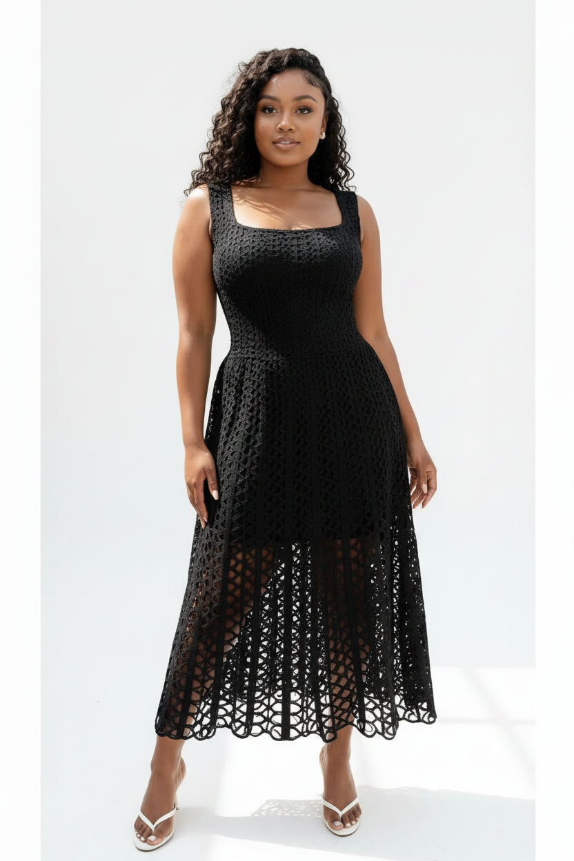 Square-Neck Crochet Midi Dress – Sleeveless Cutout A-Line