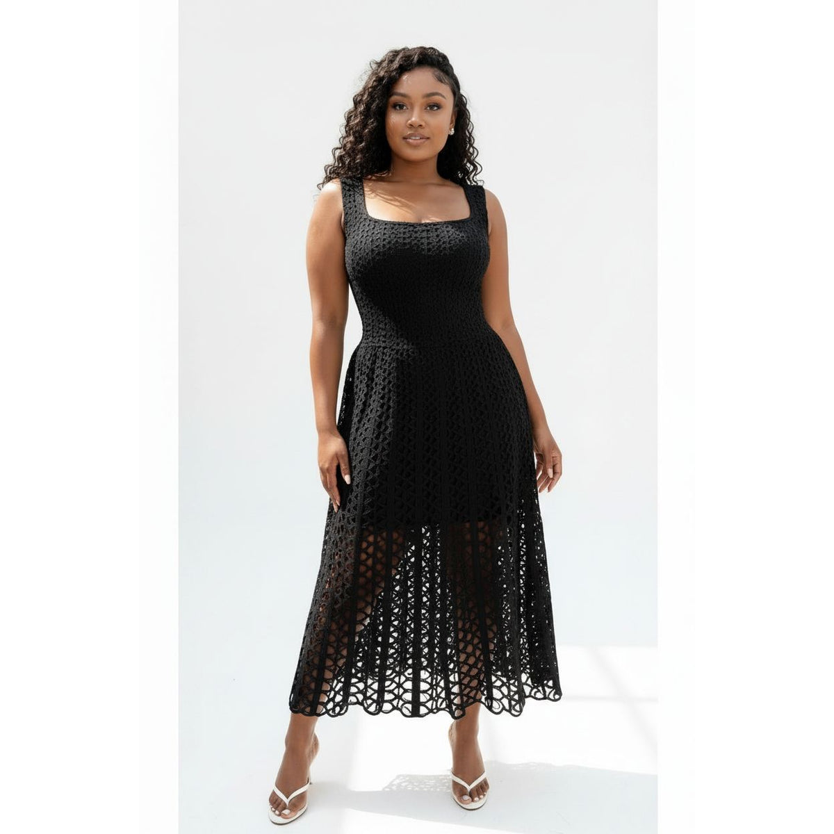 Square-Neck Crochet Midi Dress – Sleeveless Cutout A-Line