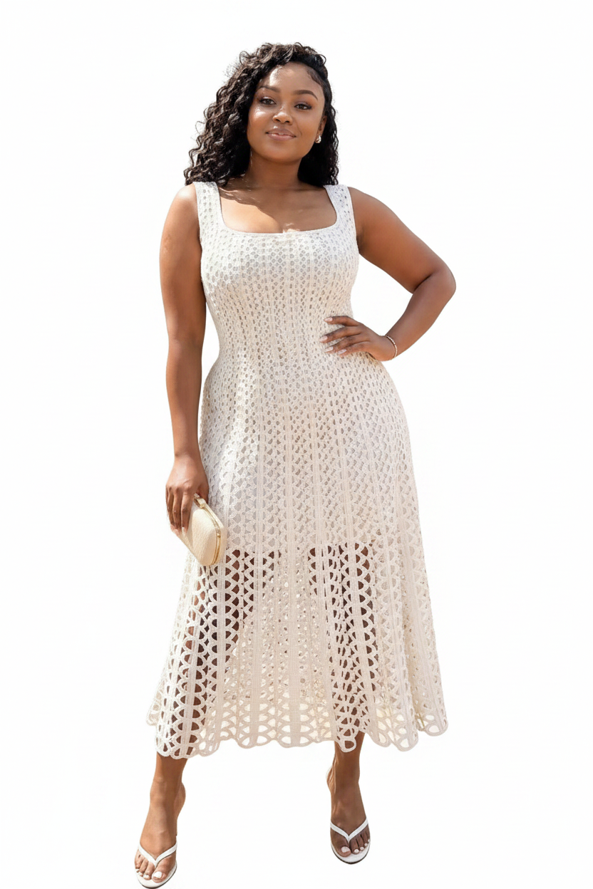 Square-Neck Crochet Midi Dress – Sleeveless Cutout A-Line
