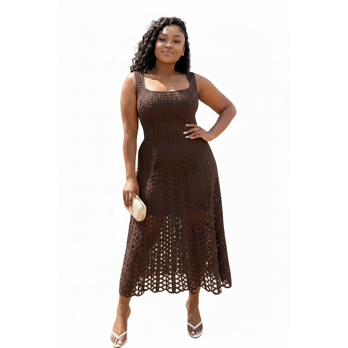 Square-Neck Crochet Midi Dress – Sleeveless Cutout A-Line