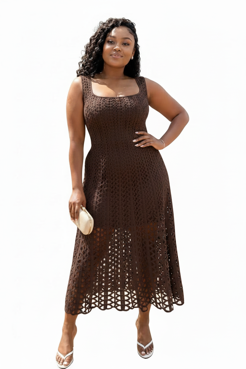 Square-Neck Crochet Midi Dress – Sleeveless Cutout A-Line