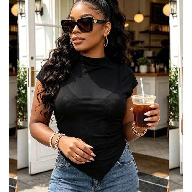 Sheer Mesh High-Neck Pointed Hem Top