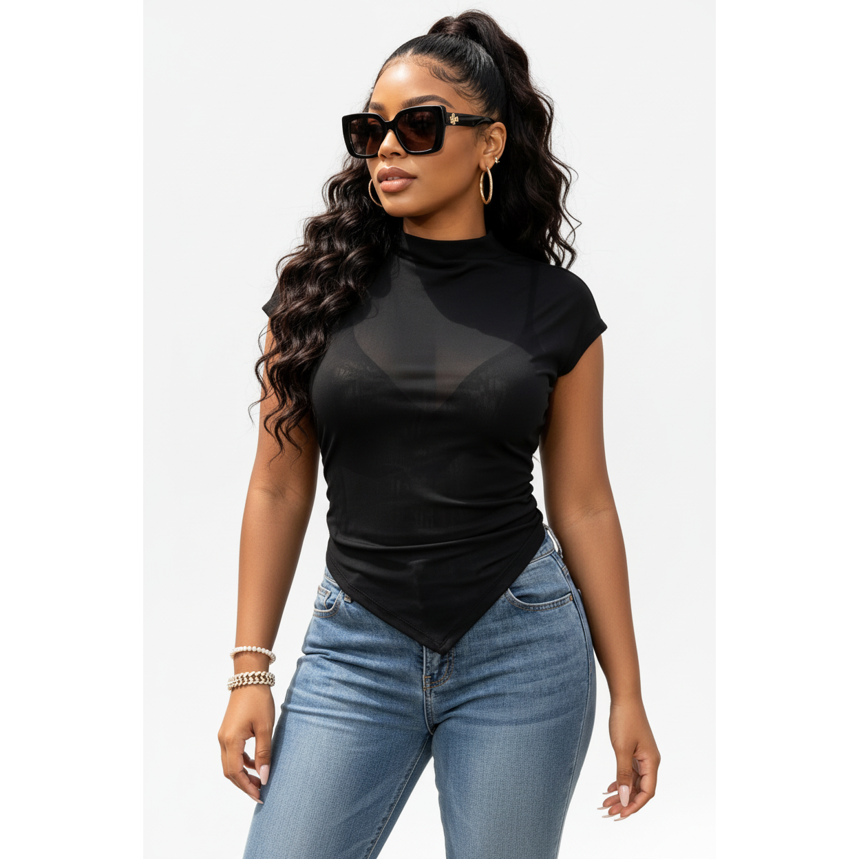 Sheer Mesh High-Neck Pointed Hem Top