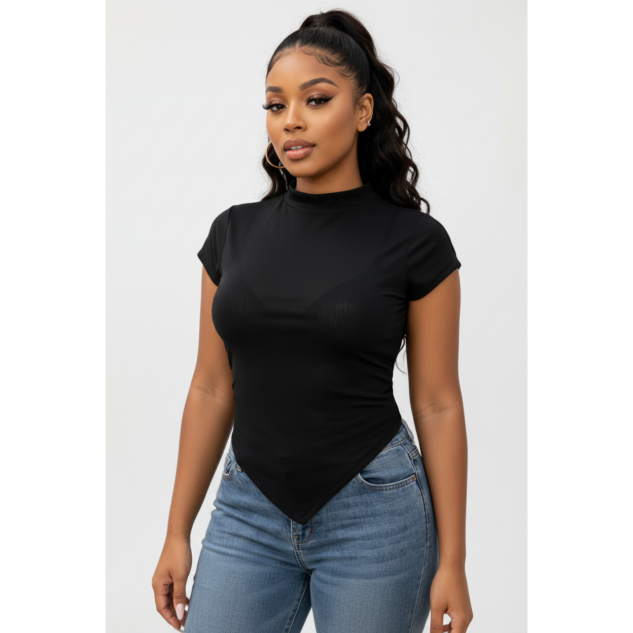 Sheer Mesh High-Neck Pointed Hem Top