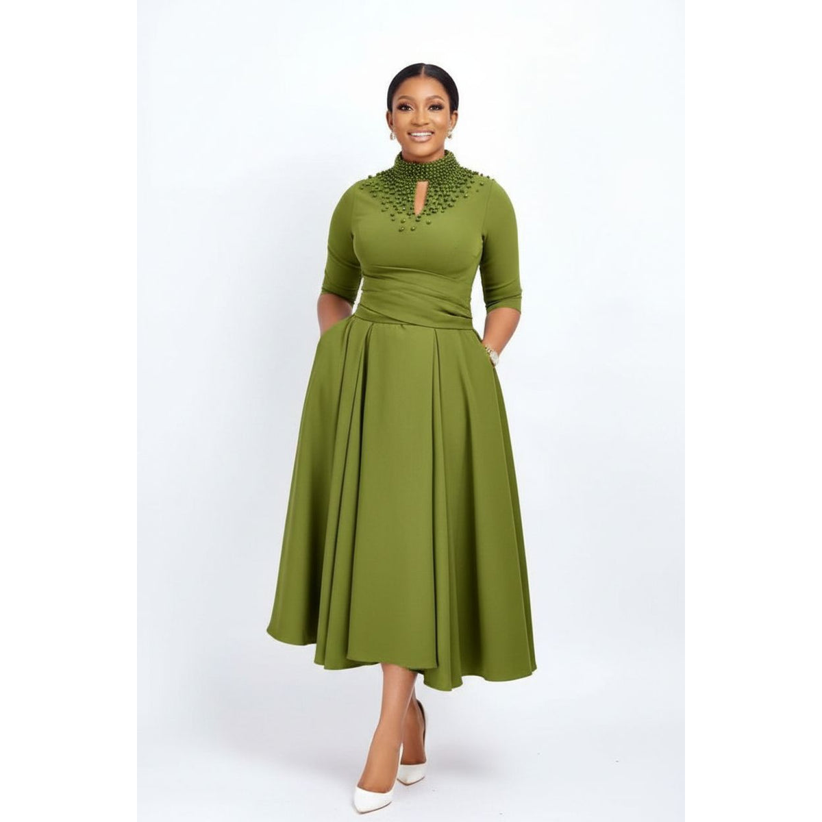 Women's Beaded Three-Quarter Sleeve Midi Dress