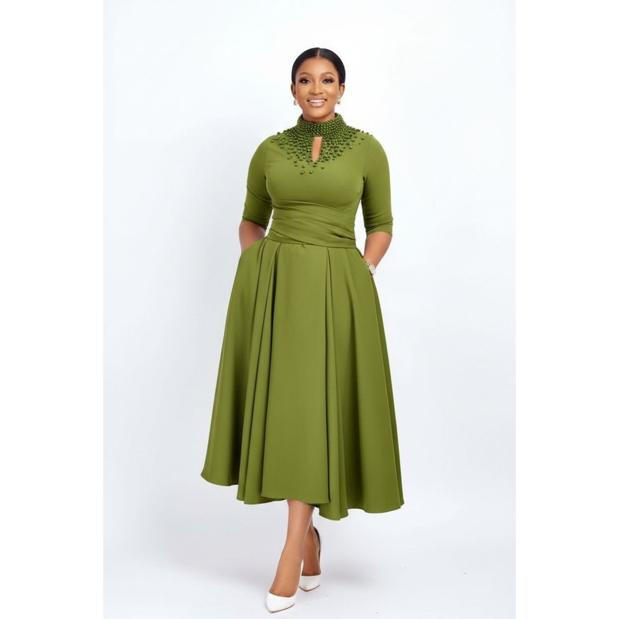 Women's Beaded Three-Quarter Sleeve Midi Dress