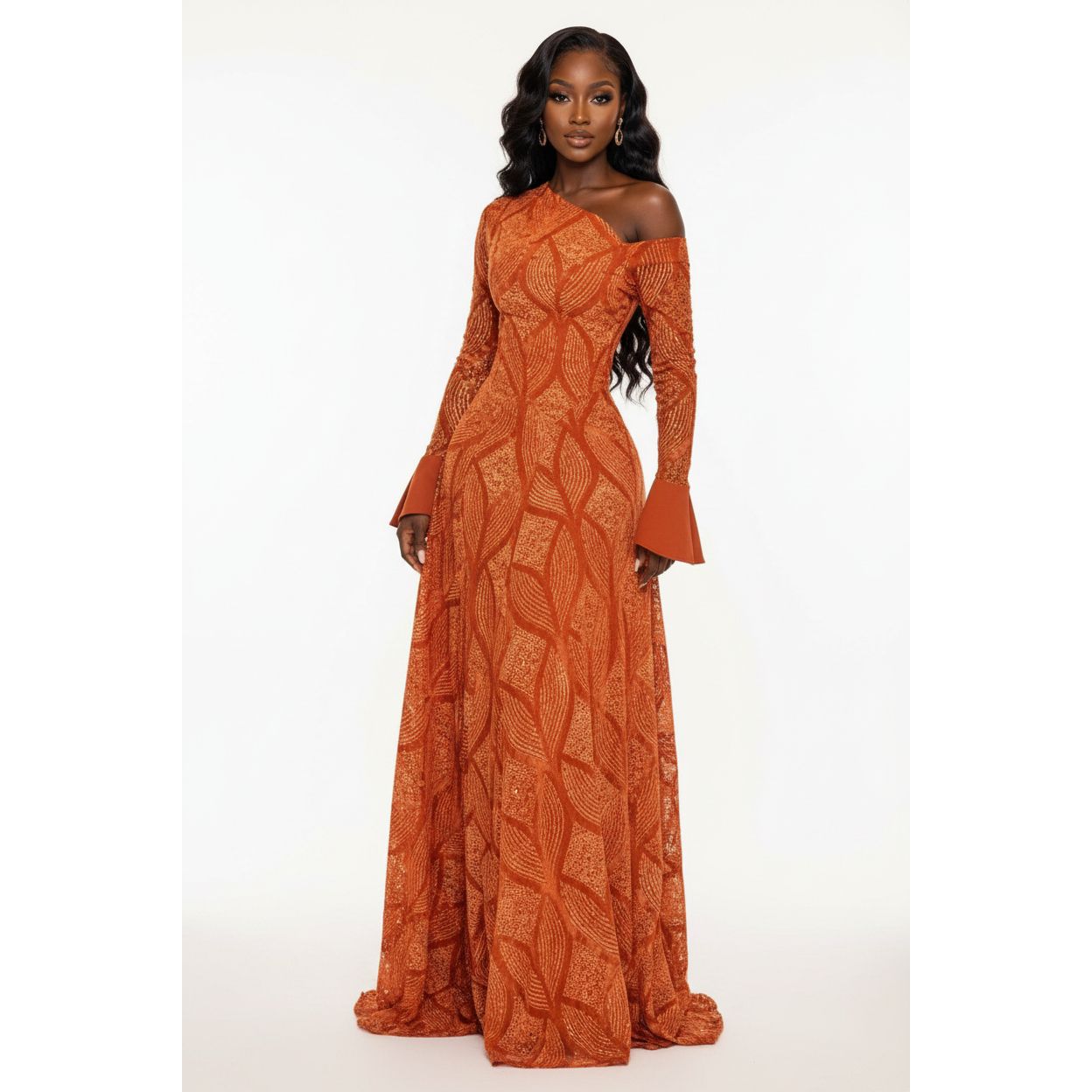 Women's Terracotta Beaded Evening Gown – Asymmetric Neck Floor-Length Dress