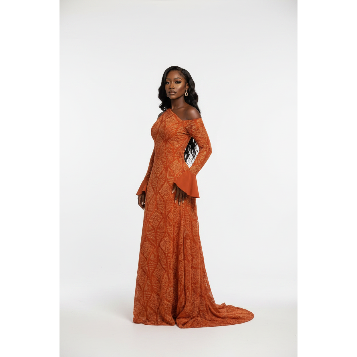 Women's Terracotta Beaded Evening Gown – Asymmetric Neck Floor-Length Dress