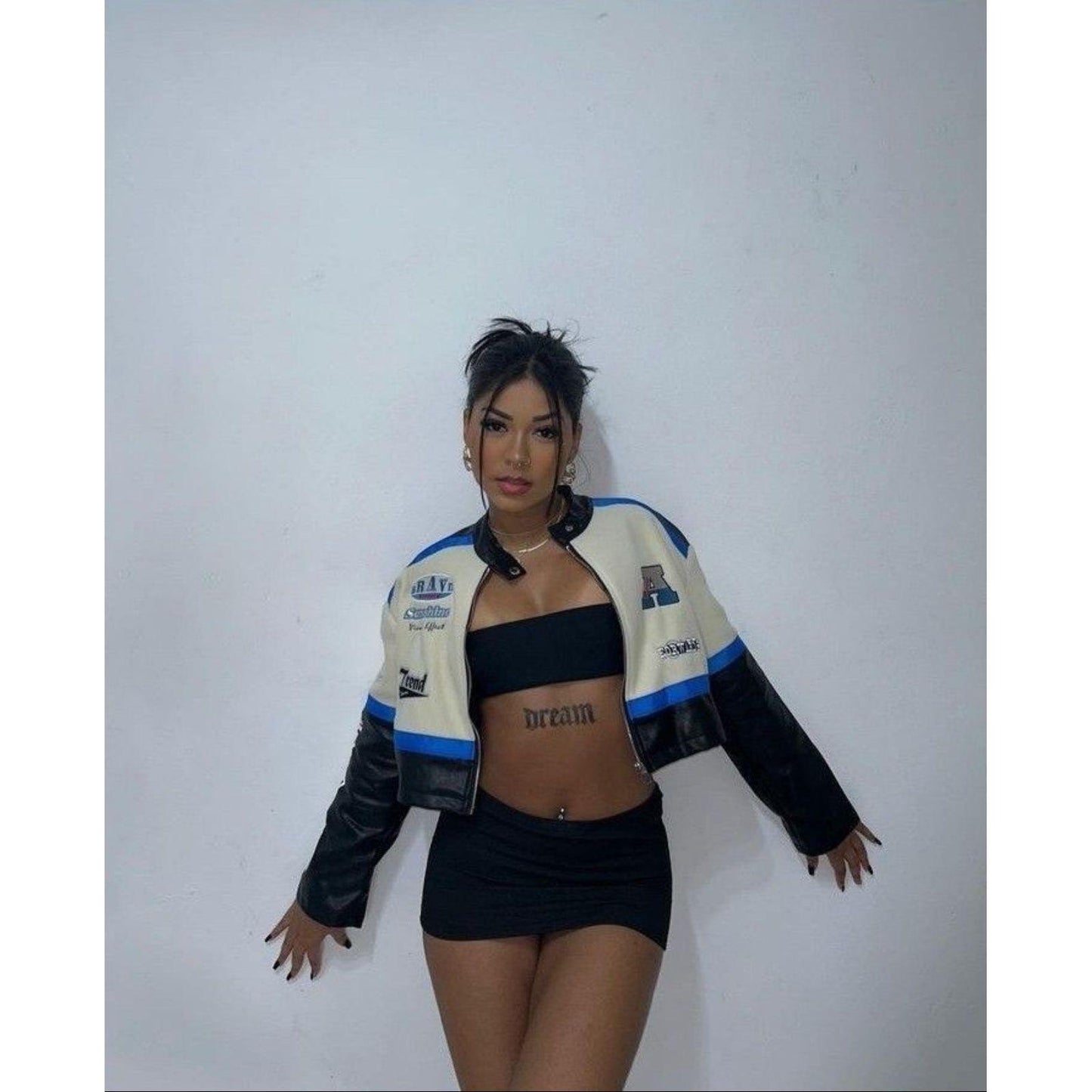 Leather Graphic Colourblock Crop Jacket.