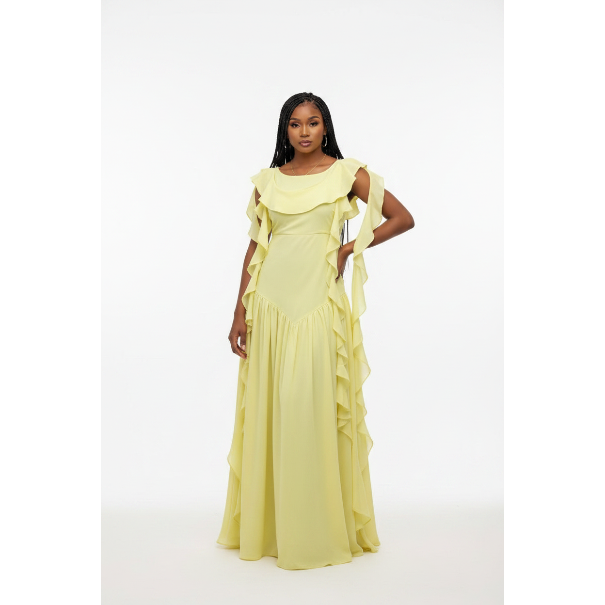 Romantic Cowl Neck Ruffled Side-Drape Maxi Dress
