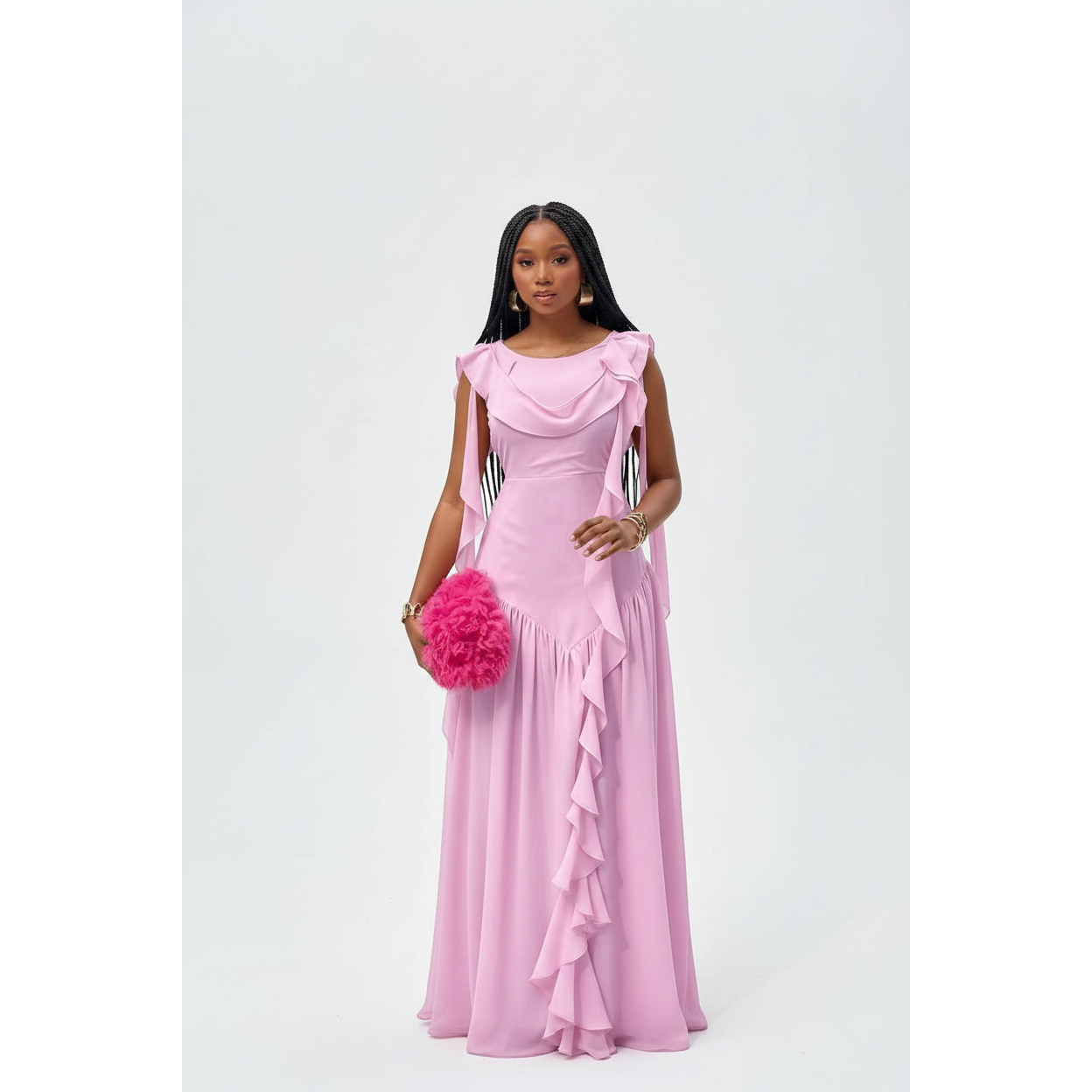 Romantic Cowl Neck Ruffled Side-Drape Maxi Dress