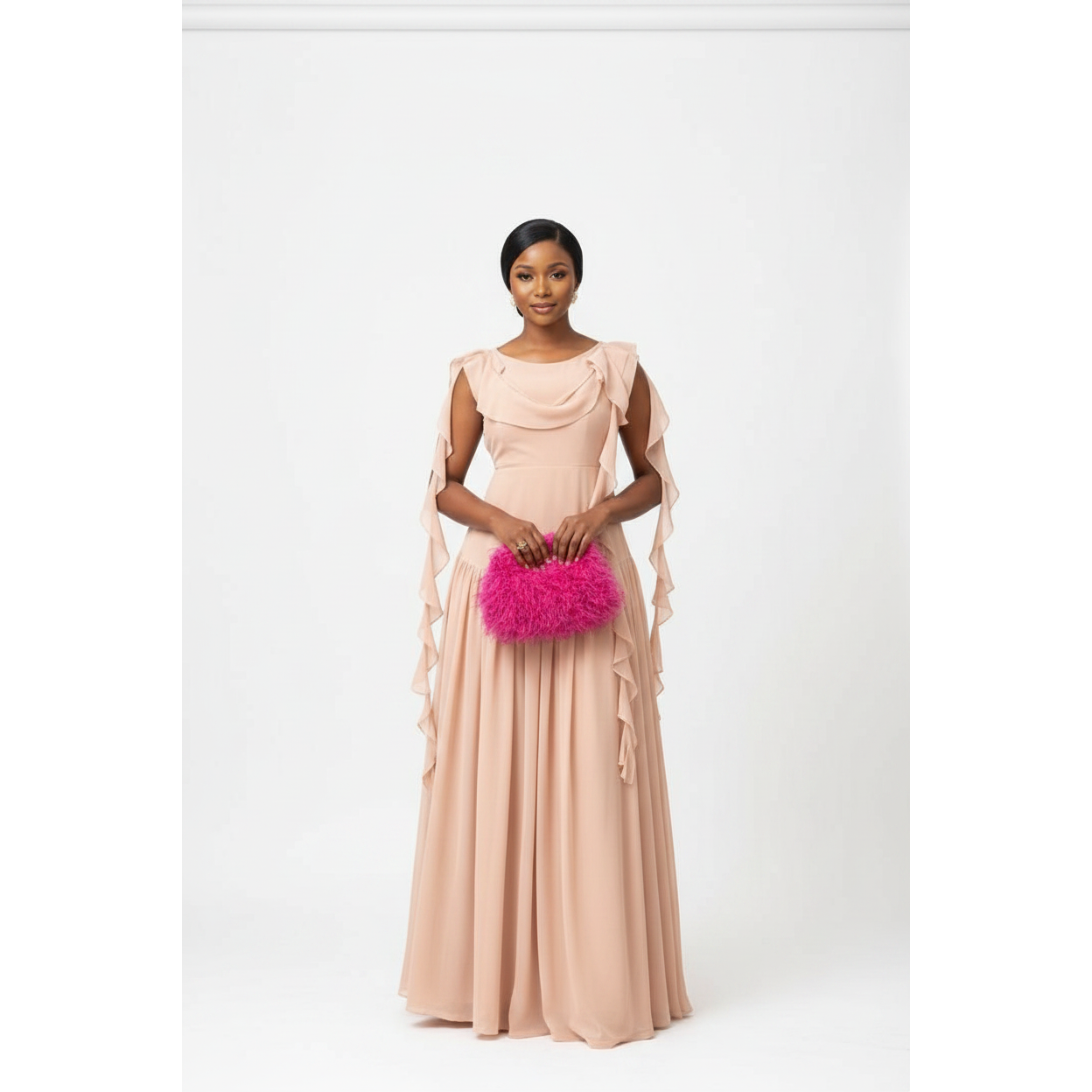 Romantic Cowl Neck Ruffled Side-Drape Maxi Dress
