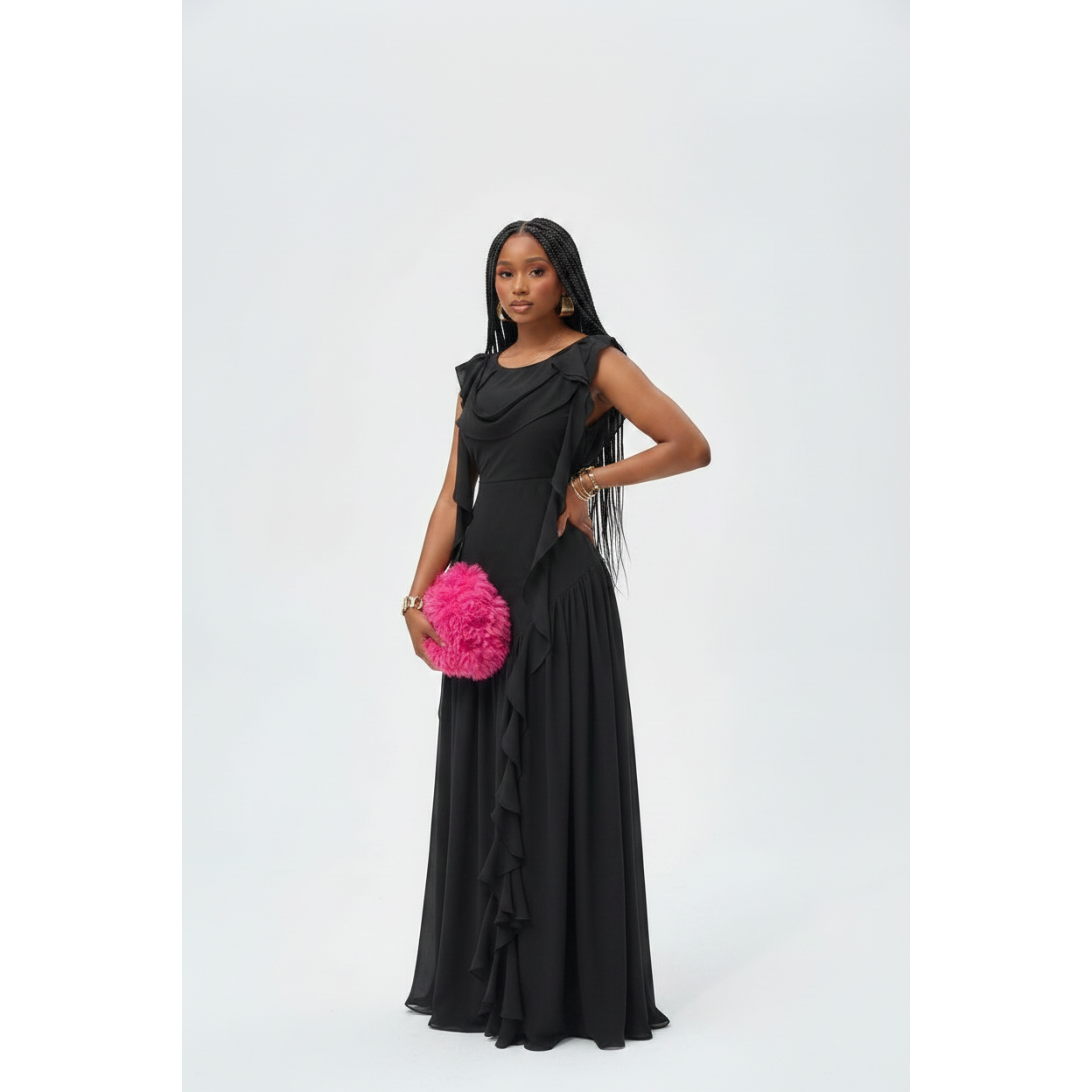 Romantic Cowl Neck Ruffled Side-Drape Maxi Dress