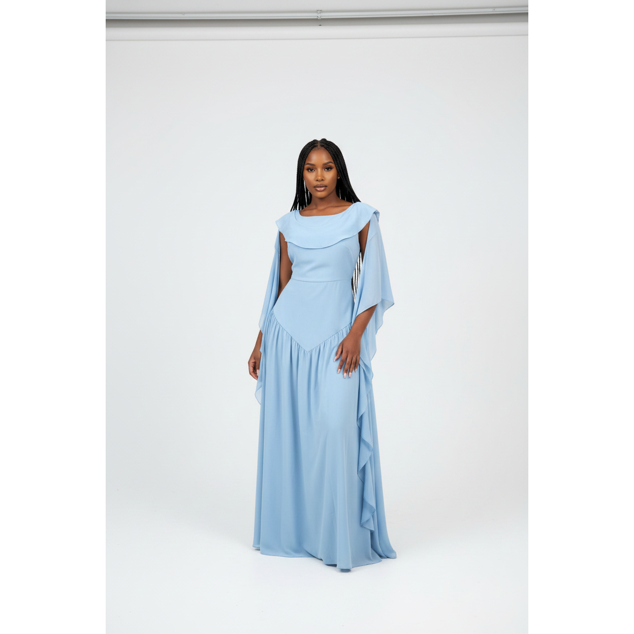 Romantic Cowl Neck Ruffled Side-Drape Maxi Dress
