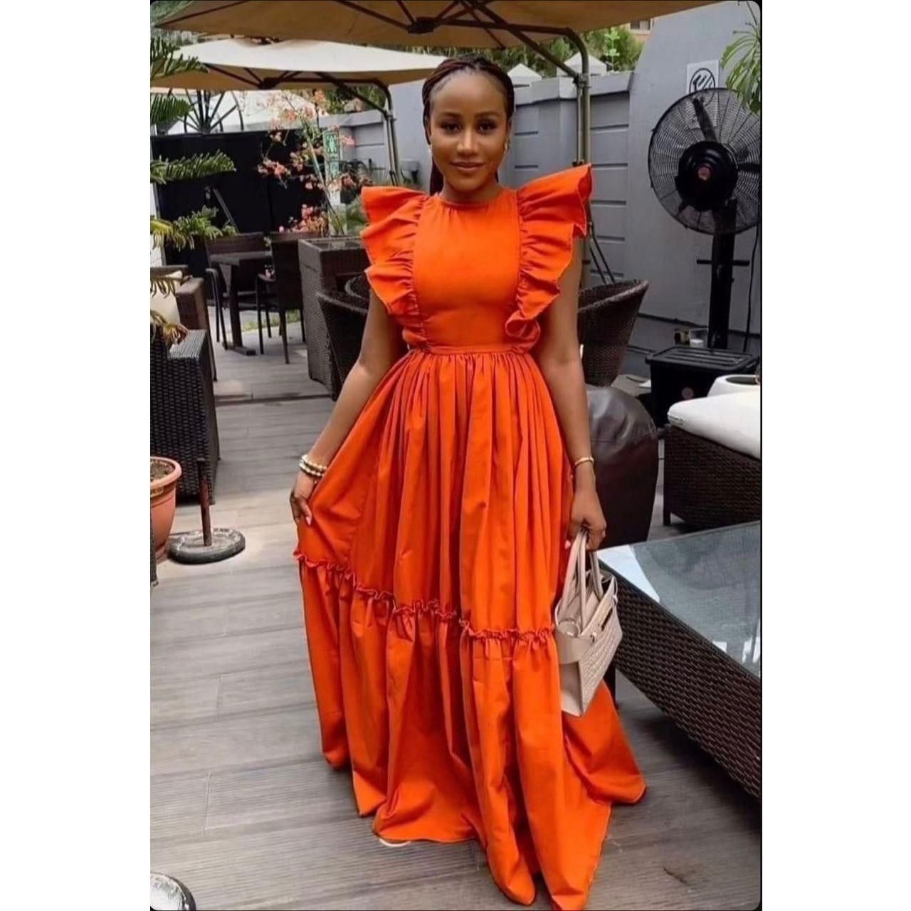 Ruffle Shoulder Round-Neck Sleeveless Maxi Dress