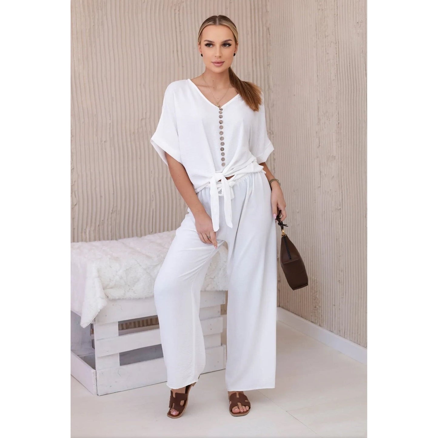 Button Front Shirt & Wide Leg Pants Set.