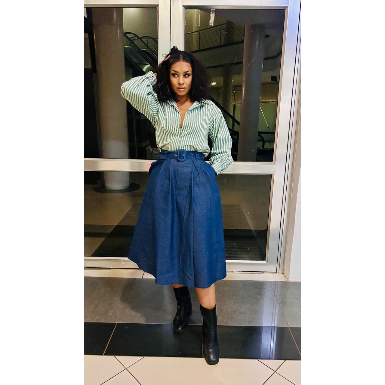 Retro Fringed Denim A-Line Midi Skirt