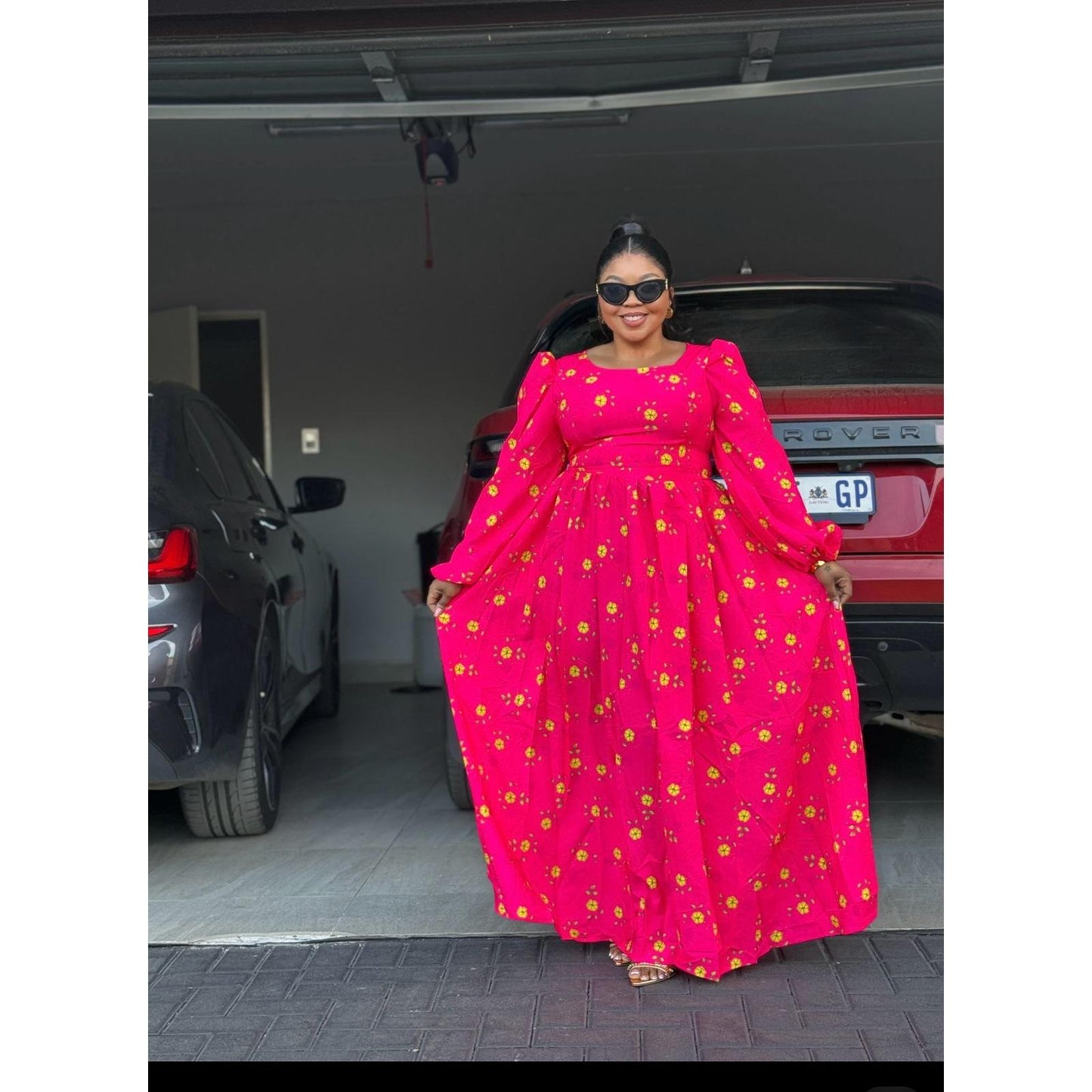 Square Neck Floral Textured Flare Waist Long Sleeve Dress