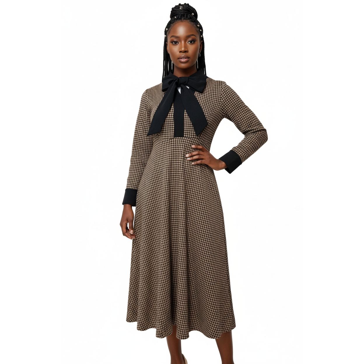 Black Bow Neckline And Contrasting Cuffs