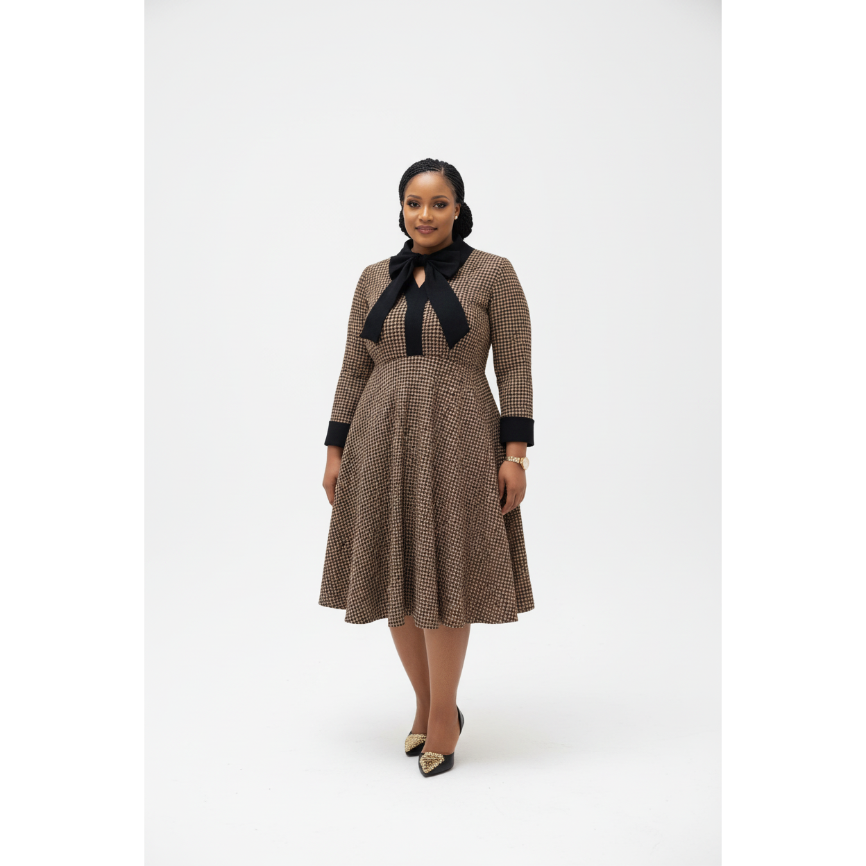 Black Bow Neckline And Contrasting Cuffs