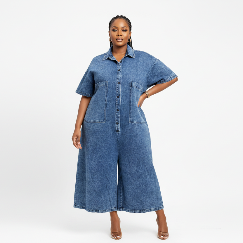 Plus Size Short Sleeve Denim Big Pocket Midi Jumpsuit