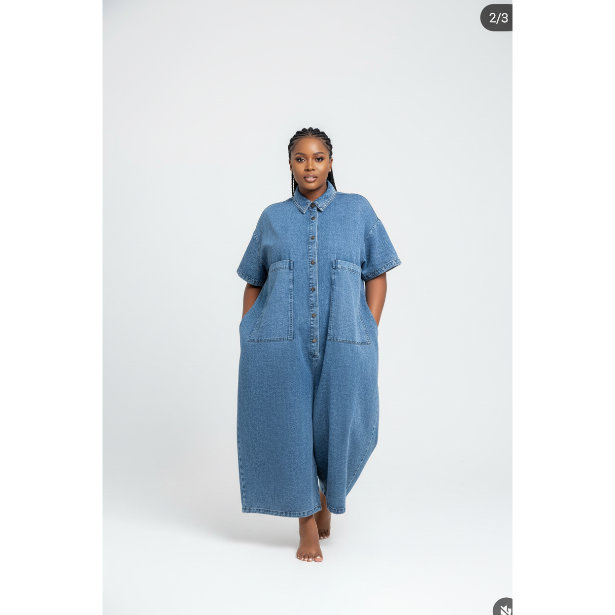 Plus Size Short Sleeve Denim Big Pocket Midi Jumpsuit