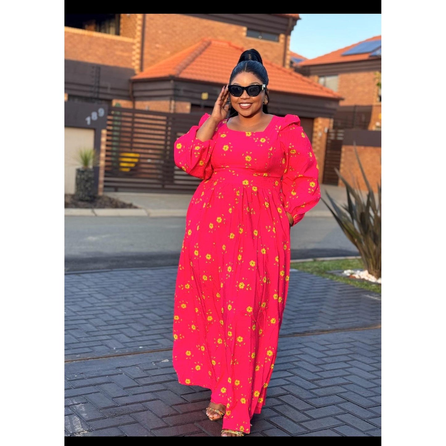 Square Neck Floral Textured Flare Waist Long Sleeve Dress