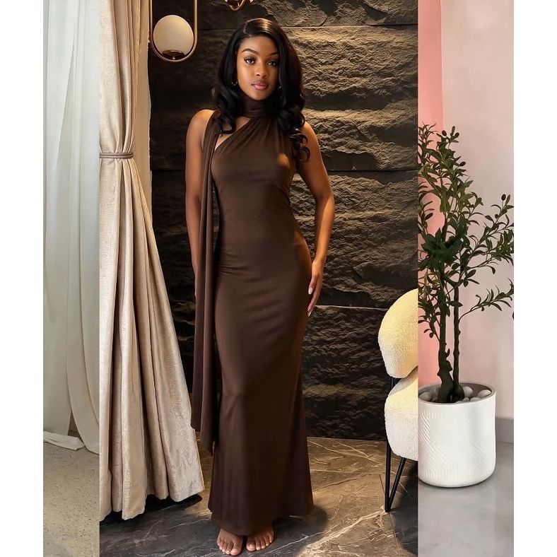 High-Neck Scarf Drape Sleeveless Bodycon Maxi Dress