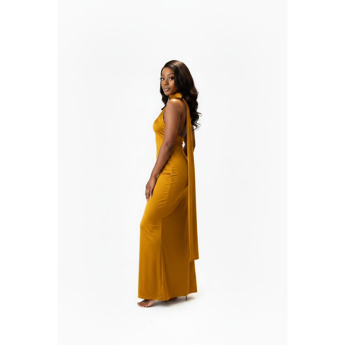 High-Neck Scarf Drape Bodycon Maxi Dress | Sleeveless Halter Gown
