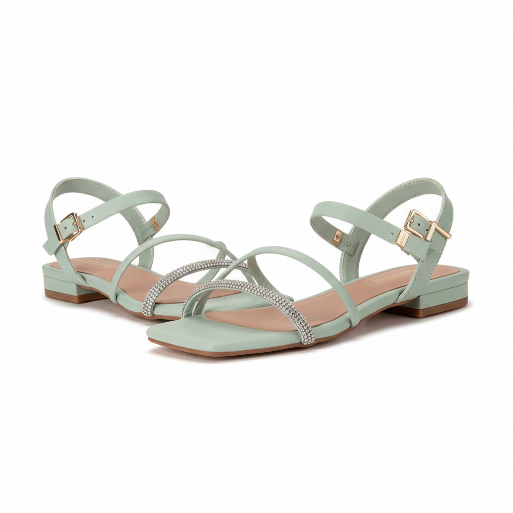 Crystal Strap Square-Toe Sandal.