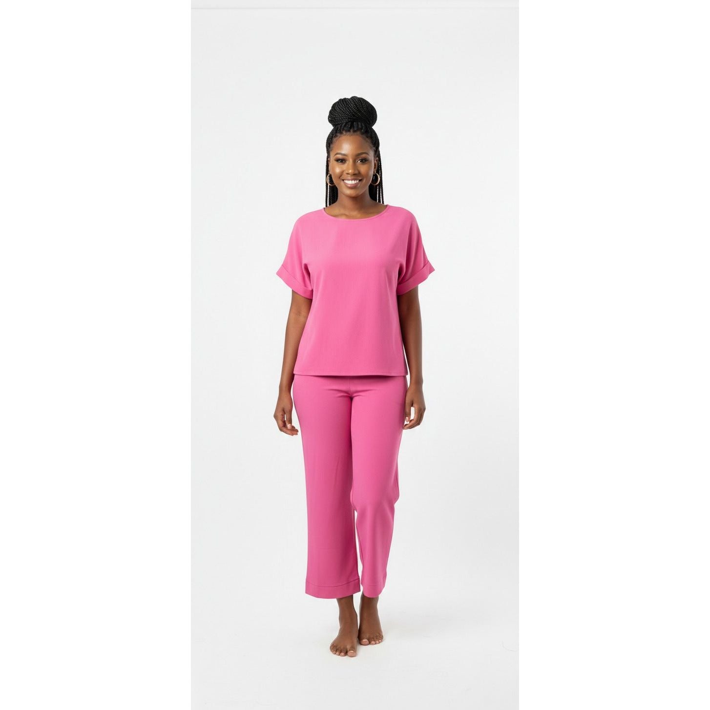 Placket Crew Neck Pullover Top Wide Leg Pants Casual Set