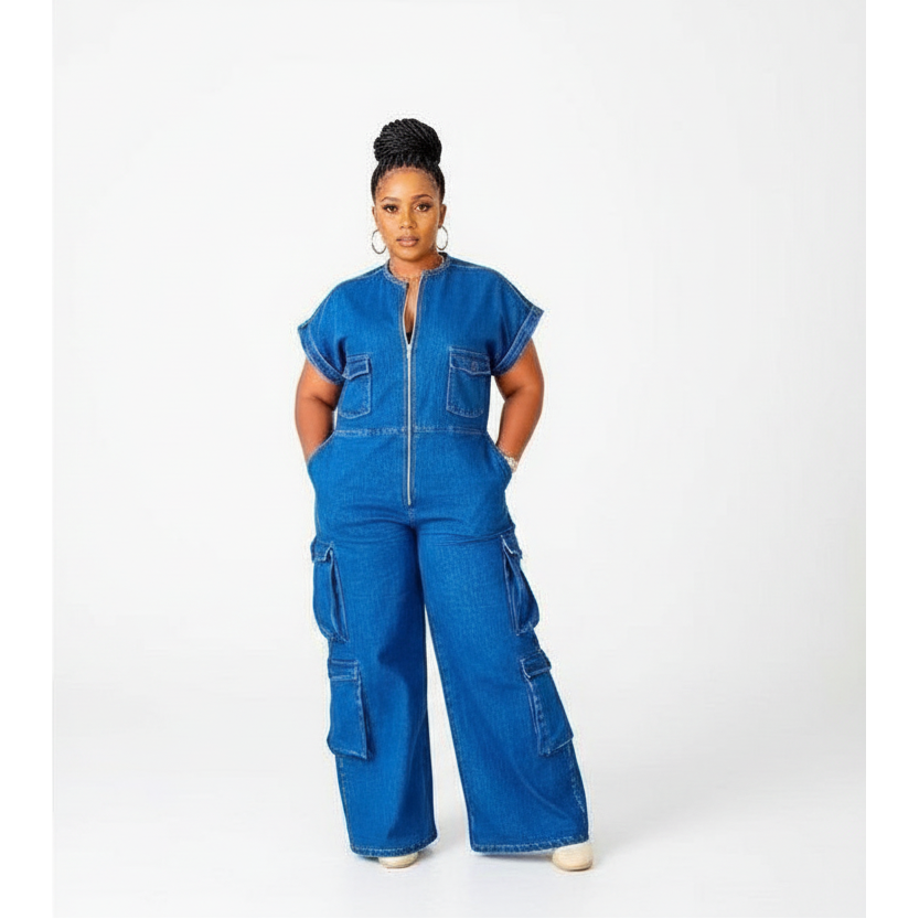 Denim Cargo Wide-Leg Jumpsuit.