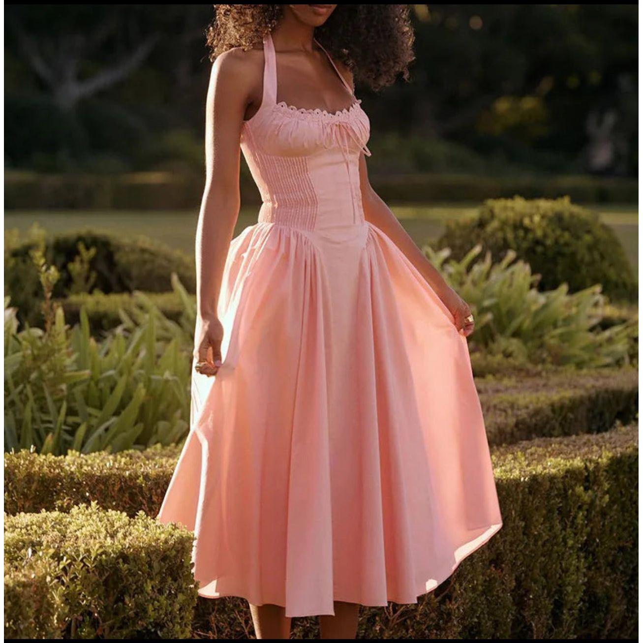 Vintage Bow Tie Front Drop Waist Midi Halter Dress.