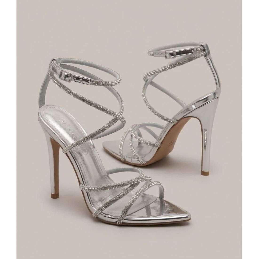 Rhinestone Strappy Stiletto Sandals with Pointed Toe