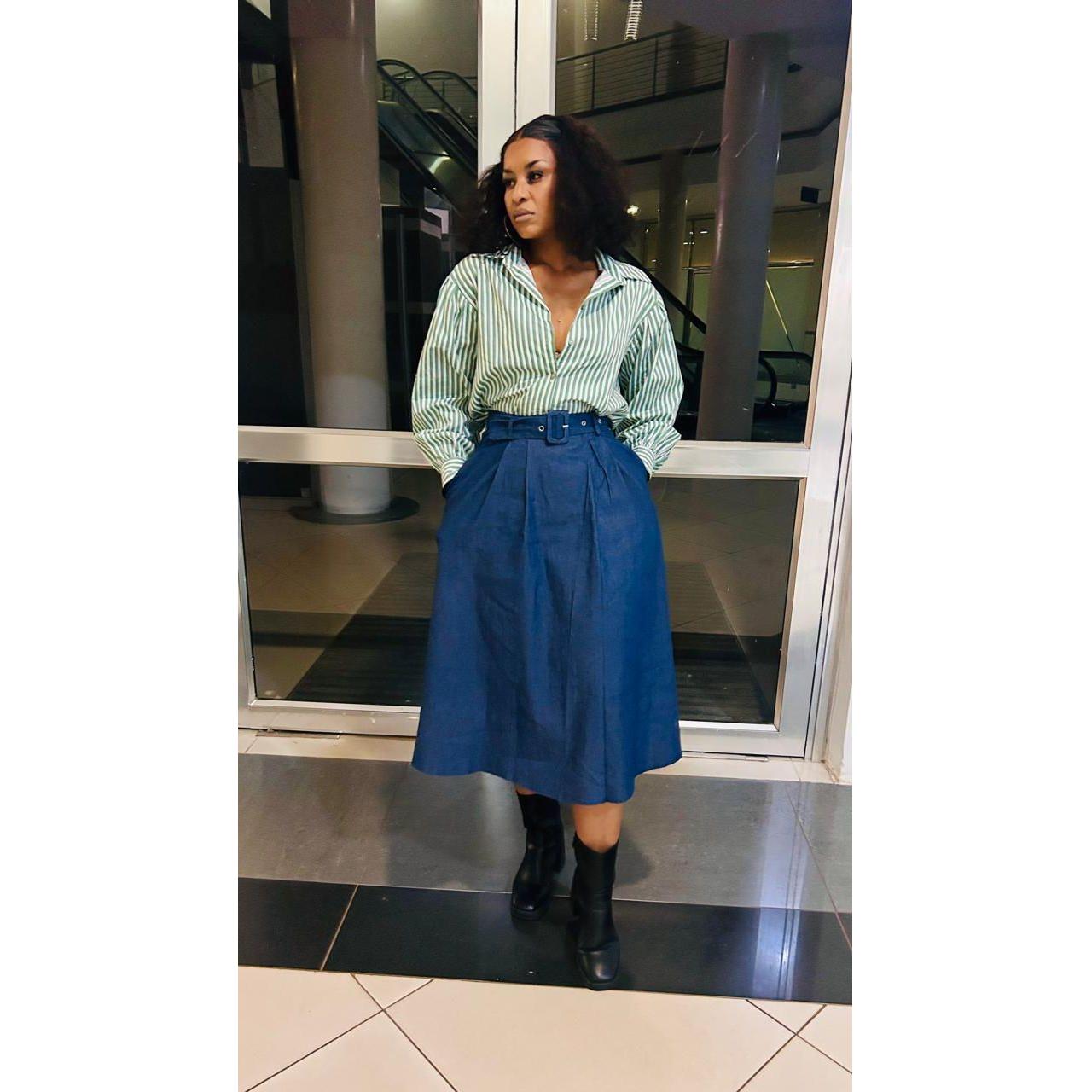 Retro Fringed Denim A-Line Midi Skirt