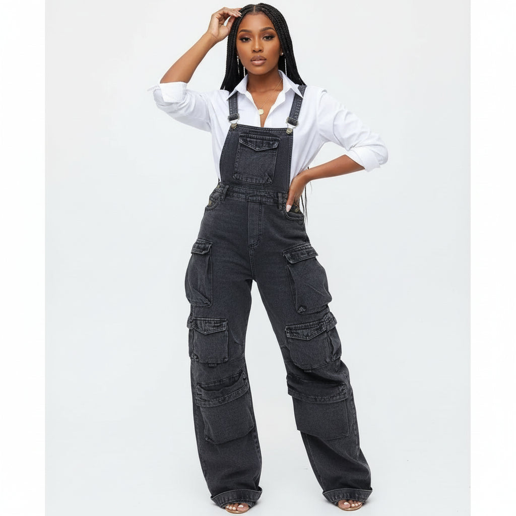Bulk Jumbo Pockets Loose Denim Jumpsuit.