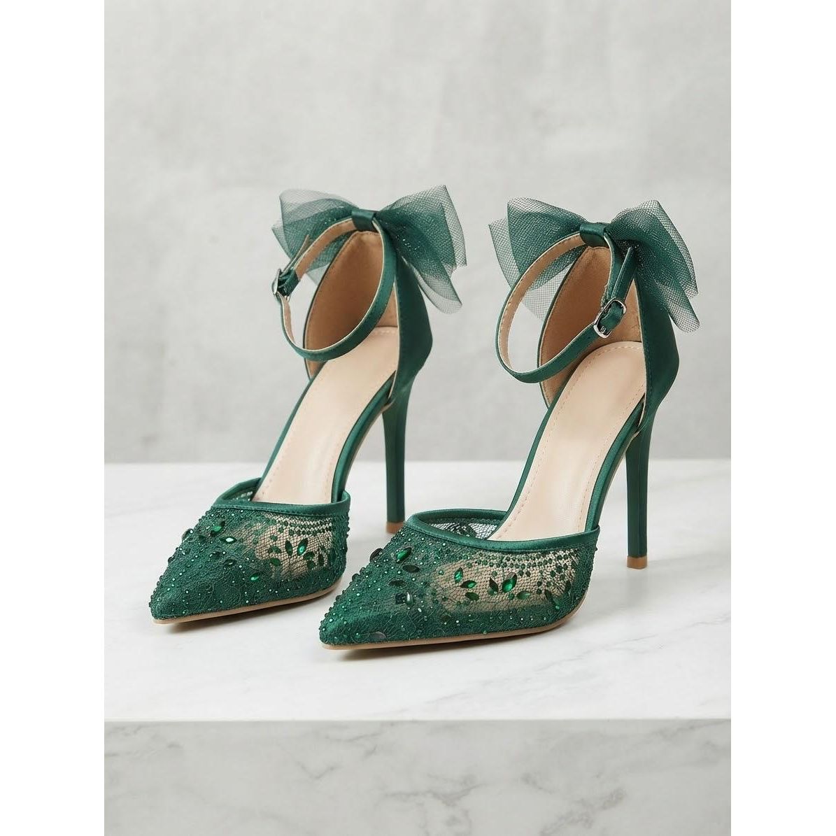 Rhinestone Mesh Stiletto Heels with Ankle Bow