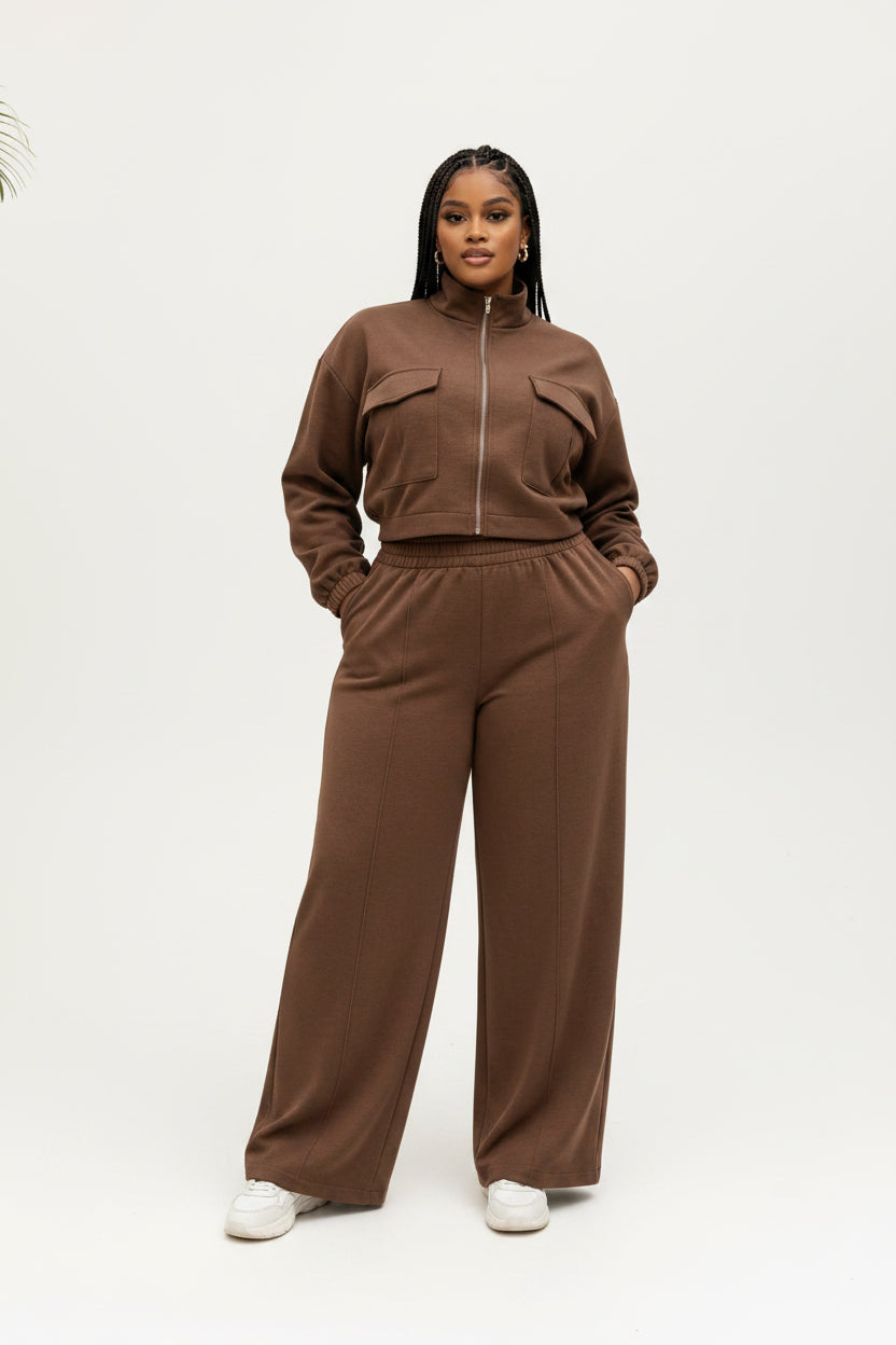 Two Piece Lounge Set with Zip-Up Crop Jacket