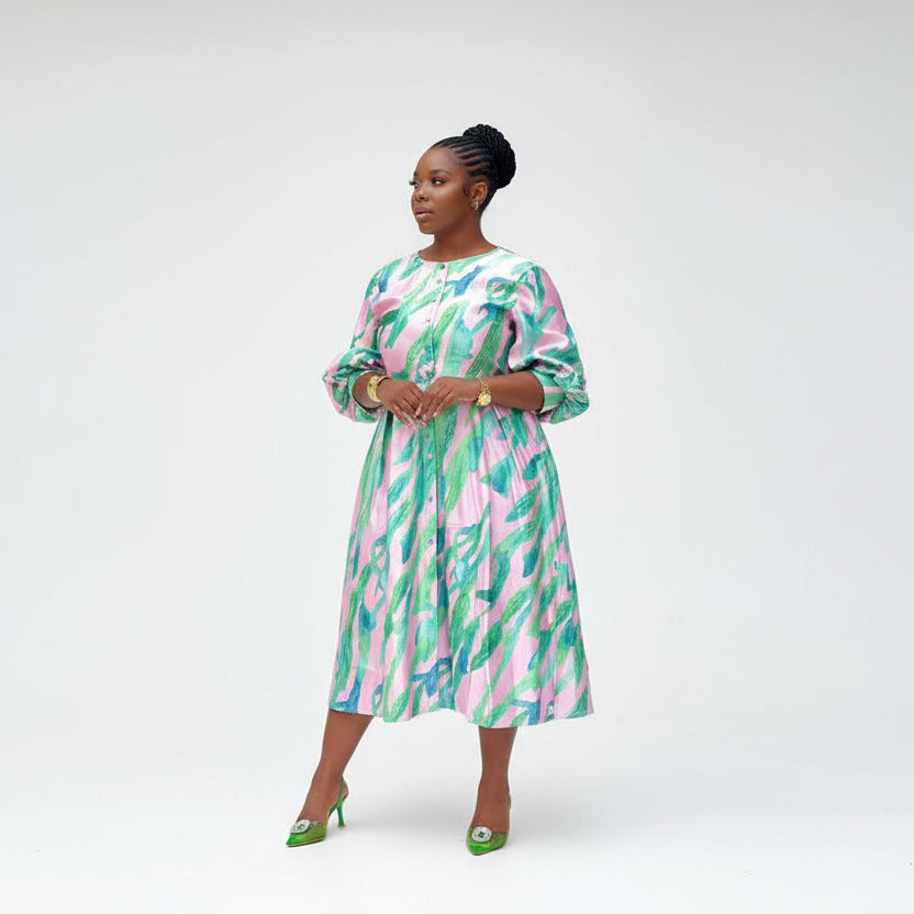 Plus Size Bohemian Print Belted Midi Dress