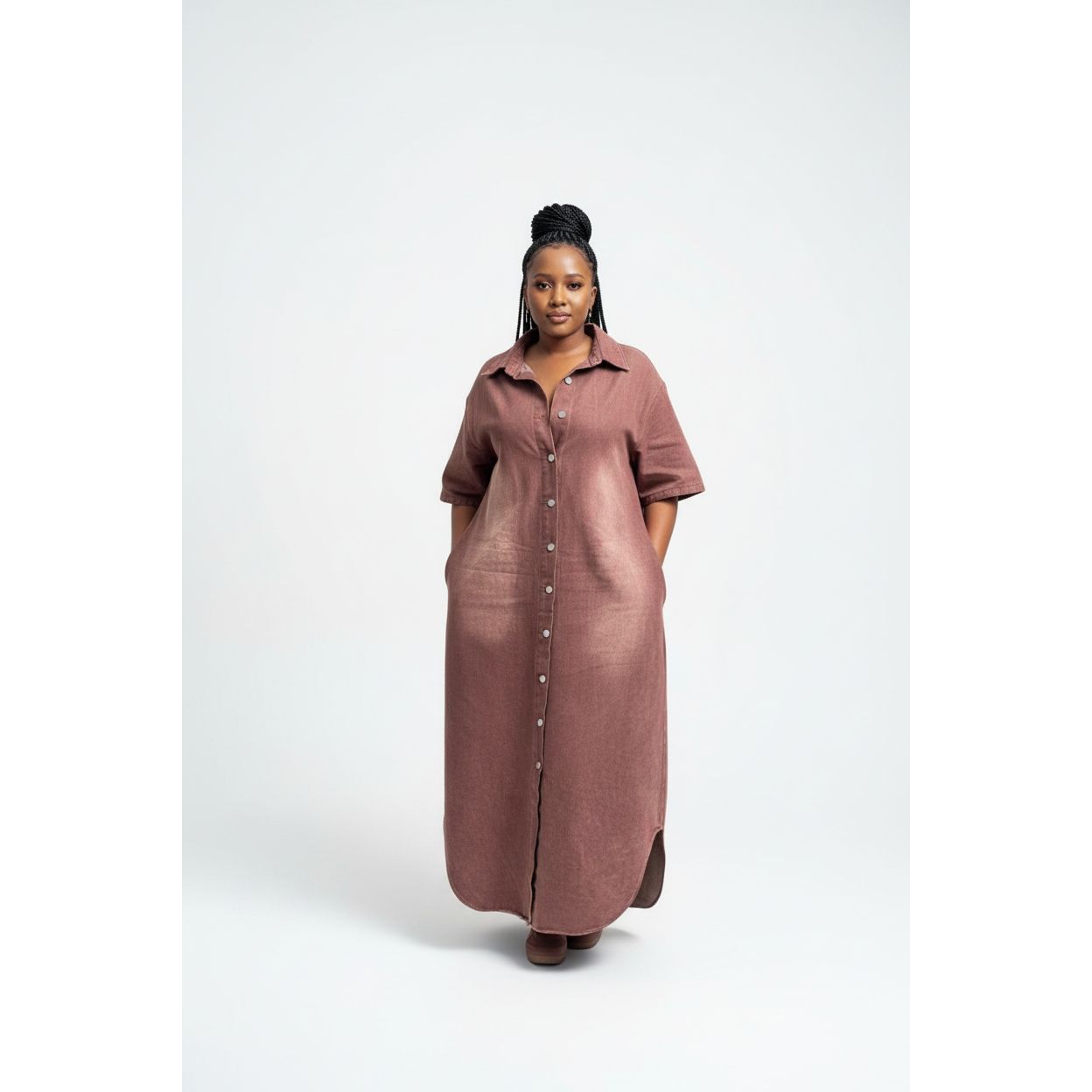 Plus Size Long Sleeve Brown Denim Dress