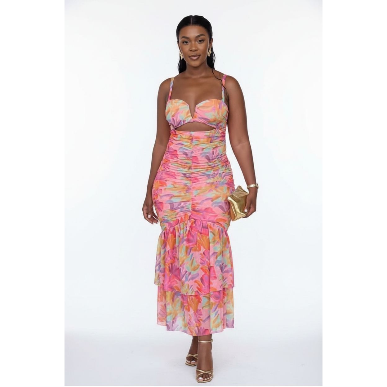 Floral Sweetheart Cutout Tiered Mermaid Dress