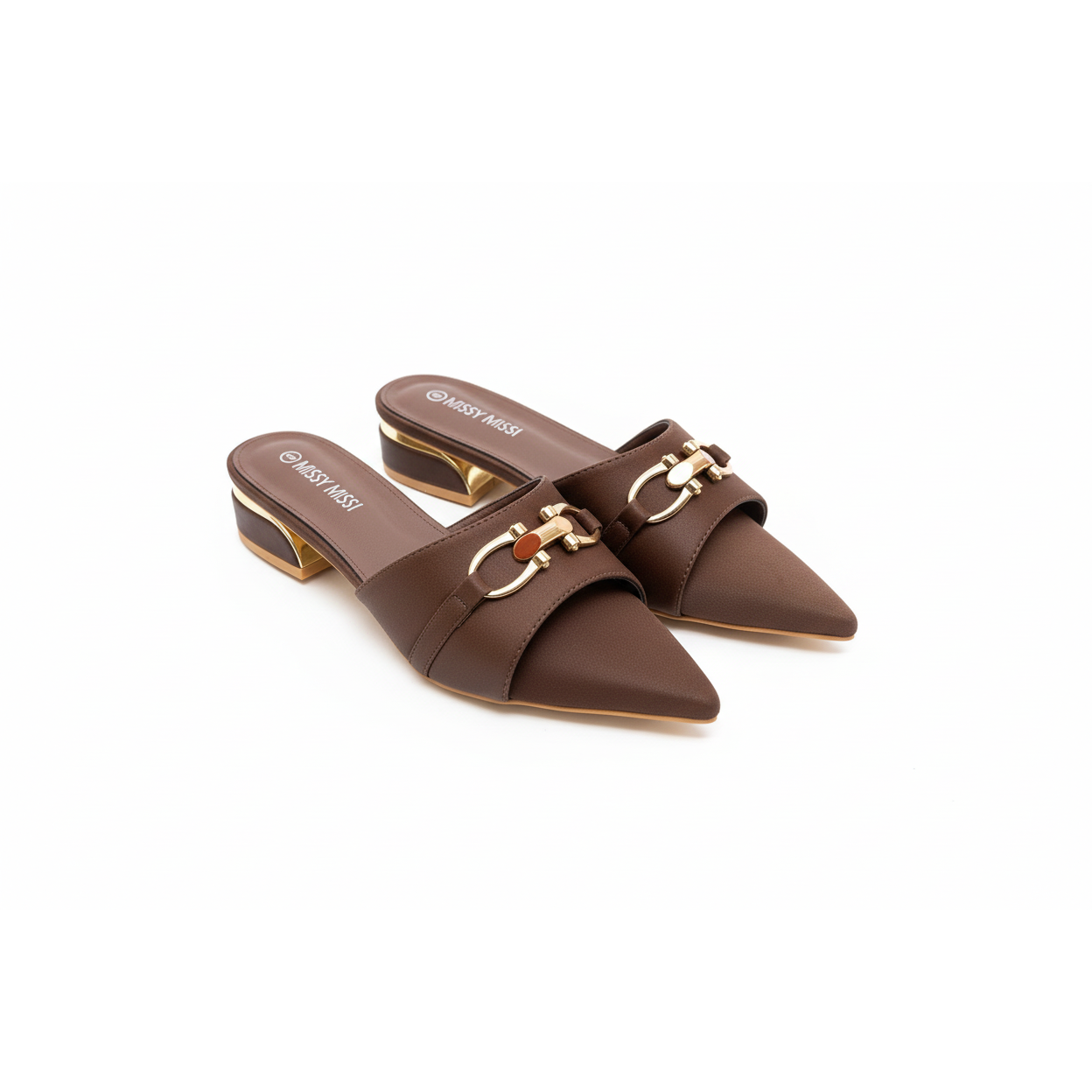 Elegant Chain-Detail Flat Mule Shoes.