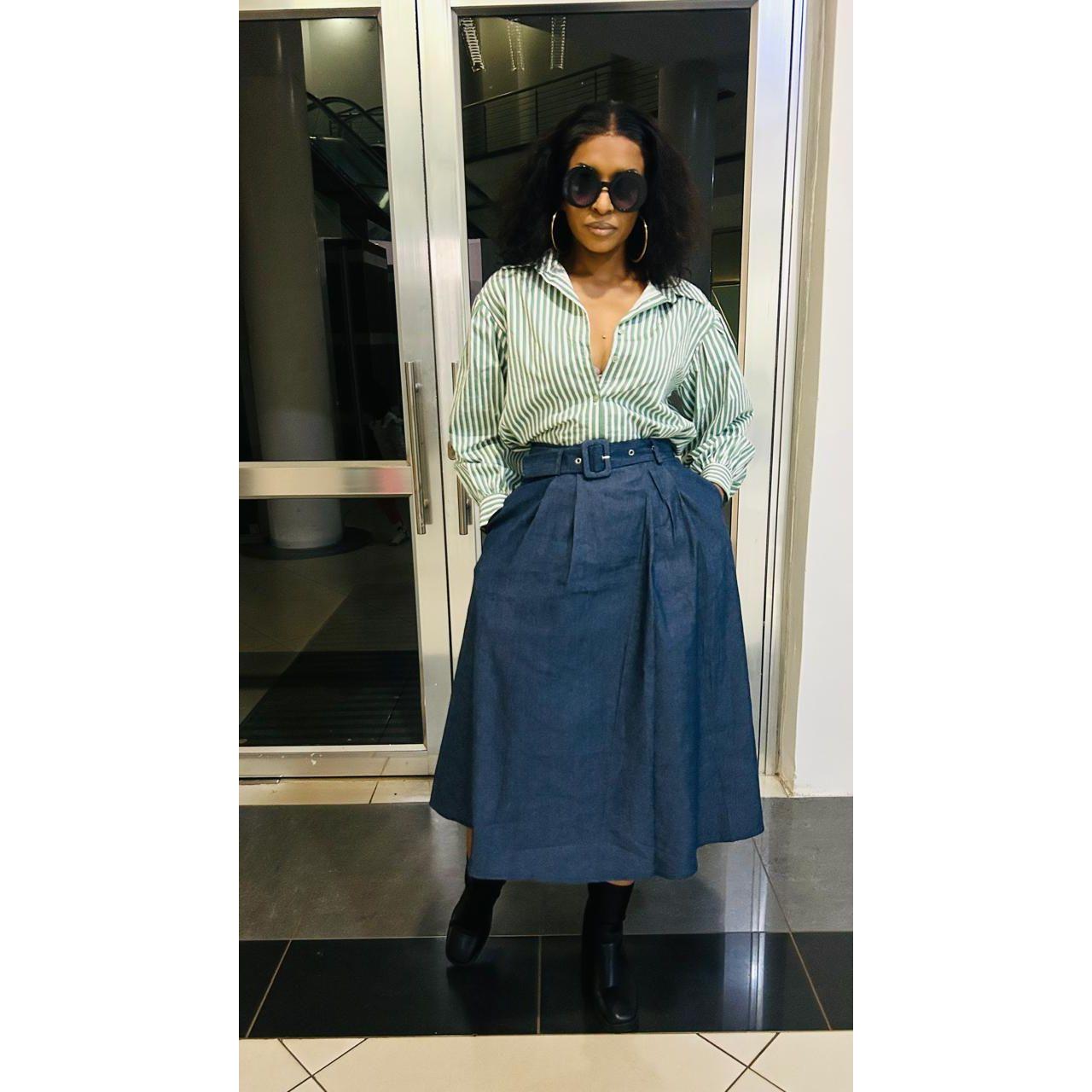 Retro Fringed Denim A-Line Midi Skirt