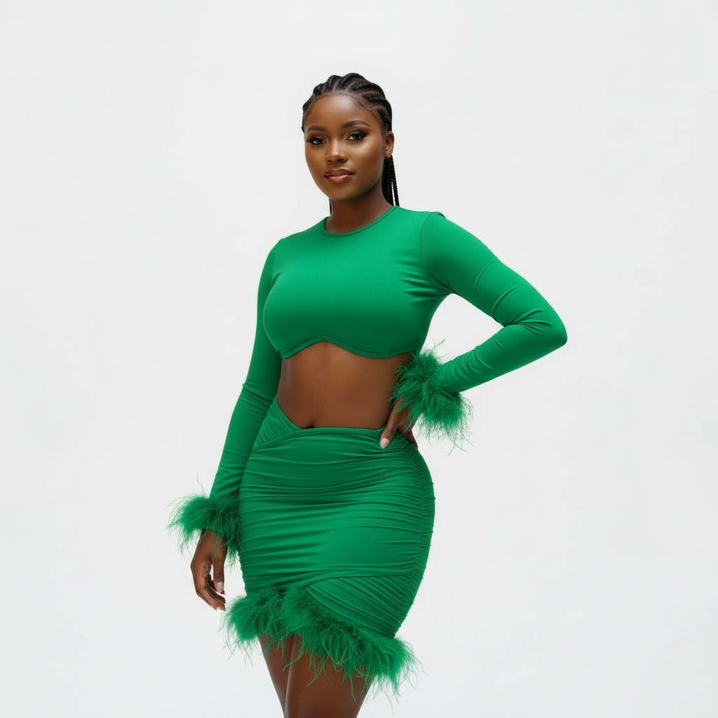 Long Sleeve Fur Sleeve Sexy Set